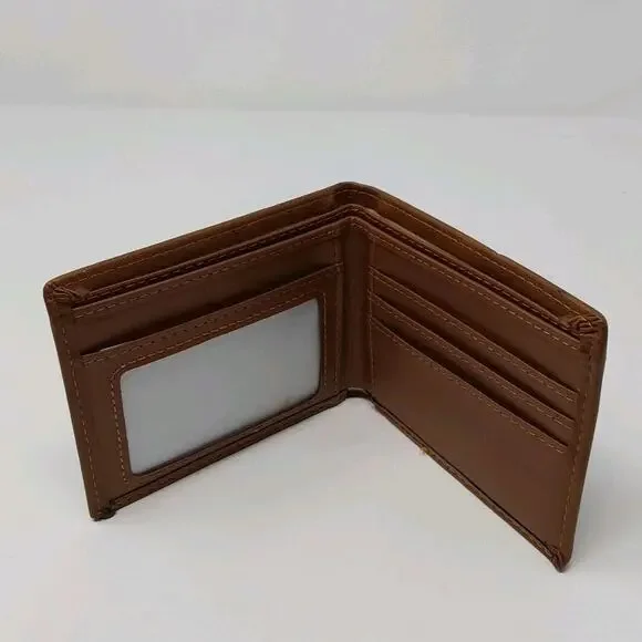 Men’s Brown Leather Bifold Wallet ID Window Multi Card Slots - Picture 3 of 4